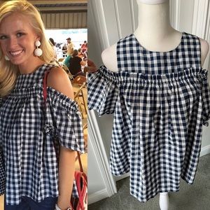 Gingham ruffle cold shoulder blouse